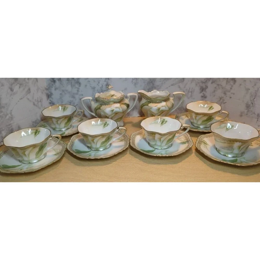 Antique RS Germany/Prussia Sugar Bowl Creamer 6 cups & 6‎ saucers Calla Lily